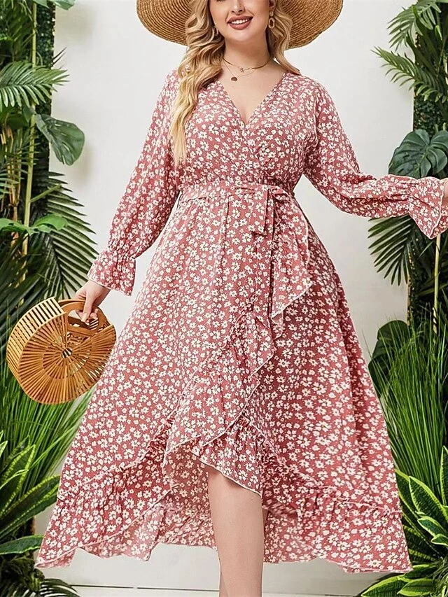 Women's Plus Size Curve Work Dress Swing Dress Semi Formal Dress Fashion Midi Dress Lace Up Ruffle V Neck Long Sleeve Floral Loose Fit Pink Fall Winter L XL XXL 3XL 4XL 1 Women's Plus Size Curve Work Dress Swing Dress Semi Formal Dress Fashion Midi Dress Lace Up Ruffle V Neck Long Sleeve Floral Loose Fit Pink Fall Winter L XL XXL 3XL 4XL