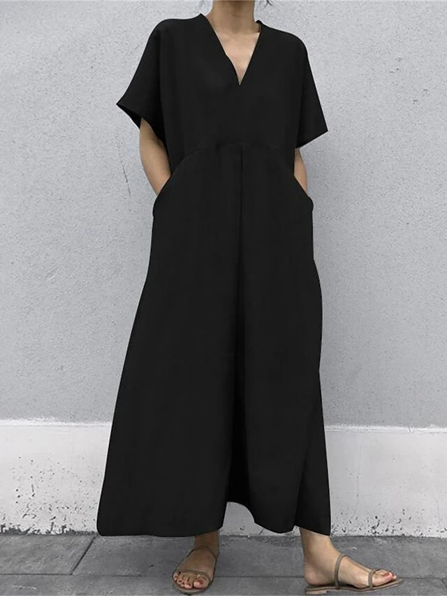Women's Casual Dress Cotton Dress Swing Dress Maxi Long Dress Cotton Basic Classic Outdoor Daily Vacation V Neck Pocket Short Sleeve Summer Spring 2023 Regular Fit Black Khaki Plain S M L XL 4 Women's Casual Dress Cotton Dress Swing Dress Maxi Long Dress Cotton Basic Classic Outdoor Daily Vacation V Neck Pocket Short Sleeve Summer Spring 2023 Regular Fit Black Khaki Plain S M L XL - Image 4