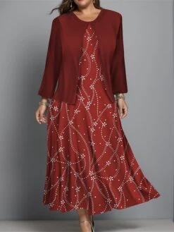 Women's Plus Size Two Piece Dress Set Casual Dress Swing Dress Outdoor Office Fashion Streetwear Print Midi Dress Crew Neck Long Sleeve Floral Regular Fit Red Navy Blue Blue Fall Winter L XL XXL 3XL