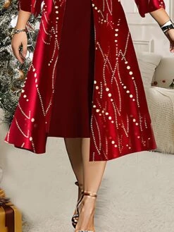 Women's Plus Size Two Piece Dress Set Velvet Dress Party Dress Party Christmas Fashion Elegant Lace Patchwork Midi Dress Crew Neck 3/4 Length Sleeve Geometric Regular Fit Wine Fall Winter L XL XXL -HAYz Clothing Shop dykseu1697523042786