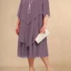 Women's Plus Size Curve Party Dress Work Dress Wedding Guest Dress Midi Dress Light Purple Half Sleeve Pure Color Layered Spring Fall Winter Crew Neck Fashion Winter Dress Evening Party Wedding Guest