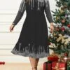Women's Christmas Plus Size Curve Casual Dress Skater Dress A Line Dress Santa Claus Gradient Midi Dress Long Sleeve Print Crew Neck Fashion Outdoor Black White Fall Winter L XL XXL 3XL 4XL