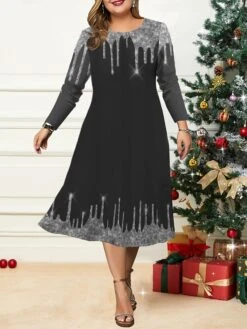 Women's Christmas Plus Size Curve Casual Dress Skater Dress A Line Dress Santa Claus Gradient Midi Dress Long Sleeve Print Crew Neck Fashion Outdoor Black White Fall Winter L XL XXL 3XL 4XL