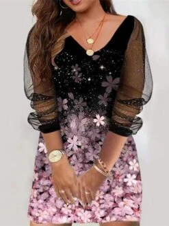 Women‘s Plus Size Curve Casual Dress Floral V Neck Long Sleeve Fall Spring Casual Mini Dress Daily Vacation Dress