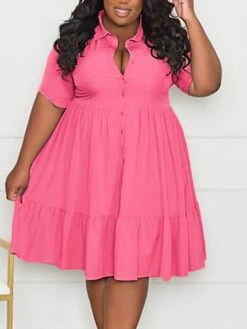 Women‘s Plus Size Curve Shirt Dress Solid Color Shirt Collar Ruffle Half Sleeve Spring Summer Casual Knee Length Dress Daily Holiday Dress -HAYz Clothing Shop dzzvad1656491038373