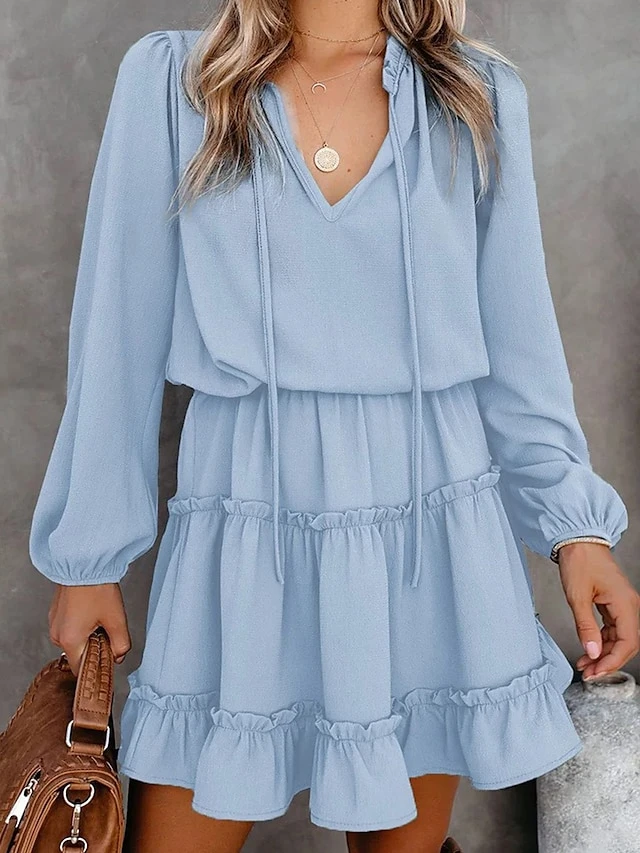 Women's Casual Dress Cotton Linen Dress Mini Dress Cotton Fashion Traditional / Vintage Outdoor Daily Vacation V Neck Ruched Ruffle Long Sleeve Fall Winter Autumn 2023 Loose Fit Black Red Blue Plain 3 Women's Casual Dress Cotton Linen Dress Mini Dress Cotton Fashion Traditional / Vintage Outdoor Daily Vacation V Neck Ruched Ruffle Long Sleeve Fall Winter Autumn 2023 Loose Fit Black Red Blue Plain - Image 3