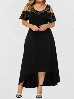Women‘s Plus Size Curve Party Dress Lace Dress Wedding Guest Dress Black Dress Long Dress Maxi Dress Wine Blue Short Sleeve Pure Color Lace Summer Spring Fall Crew Neck Fashion Birthday Vacation