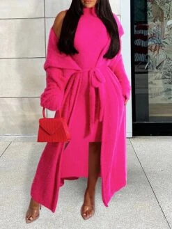 Women's Two Piece Dress Set Casual Dress Sheath Dress Daily Going Out Fashion Streetwear Lace Up Midi Dress Stand Collar Long Sleeve Plain Slim Black Yellow Wine Fall Winter S M L XL XXL -HAYz Clothing Shop eazkod1693295532950