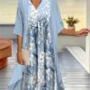 Women's Two Piece Dress Set Casual Dress Chiffon Dress Outdoor Daily Fashion Streetwear Knot Front Print Midi Dress V Neck 3/4 Length Sleeve Floral Regular Fit Pink Blue Purple Fall Winter S M L XL