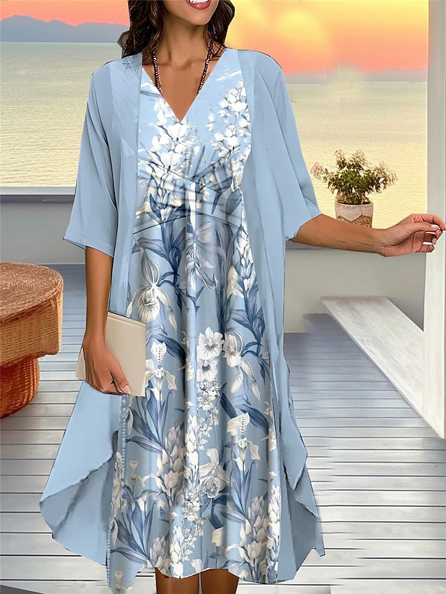 Women's Two Piece Dress Set Casual Dress Chiffon Dress Outdoor Daily Fashion Streetwear Knot Front Print Midi Dress V Neck 3/4 Length Sleeve Floral Regular Fit Pink Blue Purple Fall Winter S M L XL 1 Women's Two Piece Dress Set Casual Dress Chiffon Dress Outdoor Daily Fashion Streetwear Knot Front Print Midi Dress V Neck 3/4 Length Sleeve Floral Regular Fit Pink Blue Purple Fall Winter S M L XL