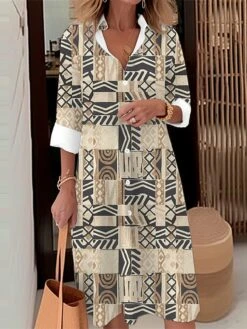 Women's Shirt Dress Casual Dress Midi Dress Outdoor Daily Date Polyester Fashion Modern Shirt Collar Button Pocket Long Sleeve Fall Winter 2023 Loose Fit Royal Blue Blue Green Geometric Plaid Tribal -HAYz Clothing Shop ebdini1695103247699