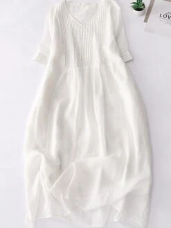 Women's Casual Dress Cotton Linen Dress Midi Dress Linen Basic Classic Outdoor Daily Vacation V Neck Pocket Half Sleeve Fall Autumn 2023 Loose Fit White Navy Blue Purple Plain M L XL 2XL -HAYz Clothing Shop ebgtqi1693202602848