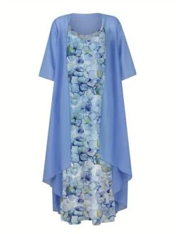 Women's Two Piece Dress Set Casual Dress Swing Dress Daily Date Fashion Streetwear Print Midi Dress Strap 3/4 Length Sleeve Floral Loose Fit Blue Green Fall Winter S M L XL XXL -HAYz Clothing Shop ebirpu1693805458371