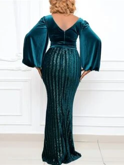 Women‘s Plus Size Curve Wedding Guest Party Dress Velvet Dress Sequin Dress Solid Color V Neck Long Sleeve Fall Winter Stylish Elegant Maxi Long Dress Party Date Dress -HAYz Clothing Shop ebjrjq1662368802634