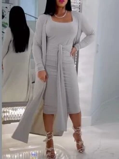 Women's Two Piece Dress Set Casual Dress Sheath Dress Outdoor Daily Fashion Streetwear Lace Up Ruched Midi Dress U Neck Long Sleeve Plain Slim Purple Gray Fall Winter S M L XL -HAYz Clothing Shop ebpcjd1693902392944