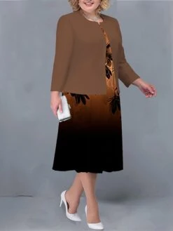 Women's Plus Size Two Piece Dress Set Casual Dress Print Dress Outdoor Office Fashion Streetwear Print Midi Dress Crew Neck Long Sleeve Floral Regular Fit Dark Brown Navy Blue Brown Fall Winter L XL