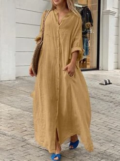 Women's Casual Dress Cotton Linen Dress Black Dress Maxi Long Dress Linen / Cotton Blend Fashion Daily Outdoor Daily Vacation Stand Collar Button Pocket Long Sleeve Fall Autumn 2023 Loose Fit Black -HAYz Clothing Shop eccamz1692947492078