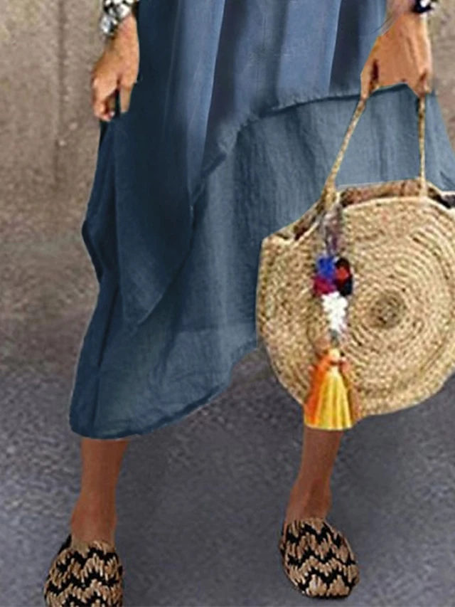 Women's Casual Dress Cotton Linen Dress Swing Dress Midi Dress Cotton Blend Basic Modern Outdoor Daily V Neck Button Layered Short Sleeve Summer Spring 2023 Loose Fit Blue Plain S M L XL 2XL 2 Women's Casual Dress Cotton Linen Dress Swing Dress Midi Dress Cotton Blend Basic Modern Outdoor Daily V Neck Button Layered Short Sleeve Summer Spring 2023 Loose Fit Blue Plain S M L XL 2XL - Image 2