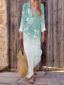 Women's Casual Dress Cotton Linen Dress Maxi Long Dress Polyester Fashion Casual Daily Outdoor Daily Vacation Split Neck Split Print Long Sleeve Summer Spring Fall 2023 Loose Fit White Pink Navy Blue