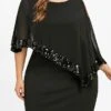 Women‘s Plus Size Curve Sequin Dress Work Dress Sheath Dress Solid Color Mini Dress Long Sleeve Crew Neck Fashion Evening Party Black Yellow Summer Spring L XL XXL 3XL 4XL