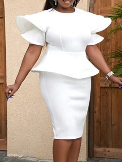 Women‘s Plus Size Curve Work Dress Solid Color Crew Neck Ruffle Short Sleeve Spring Summer Work Formal Knee Length Dress Daily Vacation Dress -HAYz Clothing Shop ecrlfn1660209294650