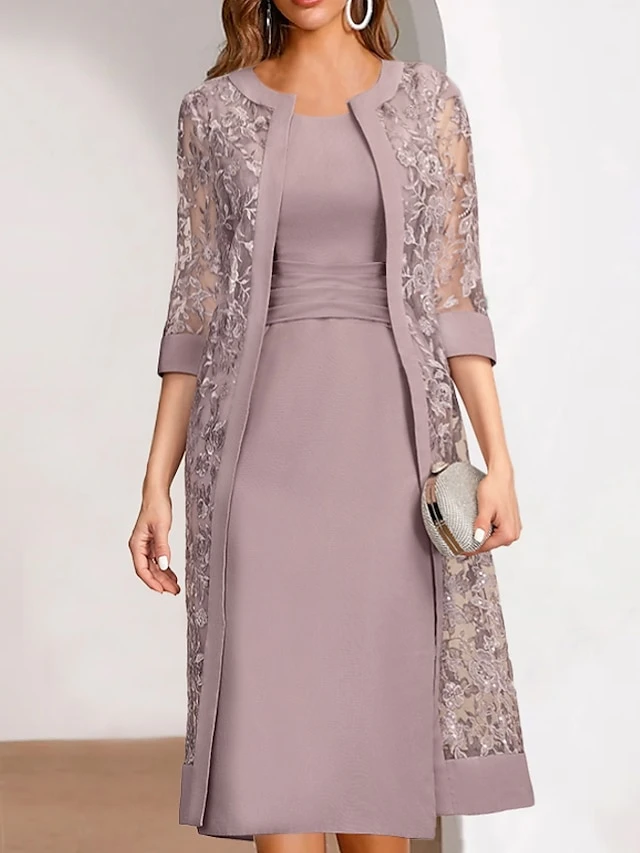 Women's Lace Dress Dress Set Two Piece Dress Midi Dress Pink Half Sleeve Pure Color Mesh Summer Spring Fall Crew Neck Fashion Office Wedding Guest 2023 S M L XL XXL 3XL 1 Women's Lace Dress Dress Set Two Piece Dress Midi Dress Pink Half Sleeve Pure Color Mesh Summer Spring Fall Crew Neck Fashion Office Wedding Guest 2023 S M L XL XXL 3XL