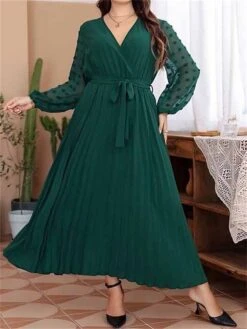 Women's Plus Size Curve Prom Dress Party Dress Wedding Guest Dress Long Dress Maxi Dress Blue Green Long Sleeve Pure Color Lace Up Fall Winter Autumn V Neck Fashion Evening Party Wedding Guest