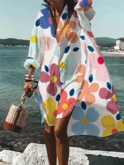 Women's Shirt Dress Shift Dress Swing Dress Midi Dress Outdoor Winter Dress Daily Polyester Vacation Stylish Shirt Collar Button High Low Dress Long Sleeve Spring Fall Winter 2023 Loose Fit White Red