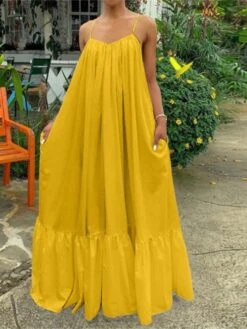 Women's Casual Dress Swing Dress Summer Dress Long Dress Maxi Dress Cotton Basic Casual Outdoor Daily Holiday Strap Ruffle Backless Sleeveless Summer Spring Loose Fit Black White Yellow Plain S M L -HAYz Clothing Shop edages1674887096883