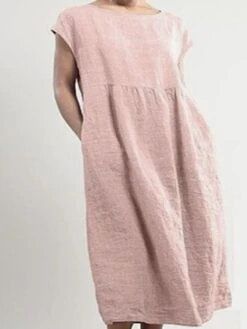 Women's Cotton Linen Dress A Line Dress Maxi Long Dress Cotton Blend Basic Casual Daily Vacation Crew Neck Patchwork Pocket Short Sleeve Summer Spring Linen Loose Fit Black White Pink Pure Color S M -HAYz Clothing Shop eddtlv1605666956661