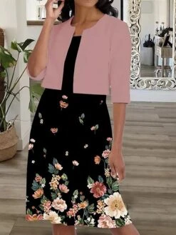 Women's Dress Set Two Piece Dress A Line Dress Midi Dress Pink Orange Half Sleeve Floral Ruched Fall Winter Autumn Crew Neck Sexy 2023 S M L XL XXL 3XL