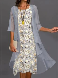 Women's Two Piece Dress Set Casual Dress Chiffon Dress Outdoor Daily Fashion Streetwear Print Midi Dress Crew Neck Half Sleeve Floral Regular Fit Gray Fall Winter S M L XL XXL