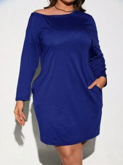 Women's Plus Size Curve Casual Dress Winter Dress T Shirt Dress Tee Dress Plain Mini Dress Long Sleeve Pocket Crew Neck Fashion Outdoor Blue Fall Winter XL XXL 3XL -HAYz Clothing Shop edqmfw1697543083259