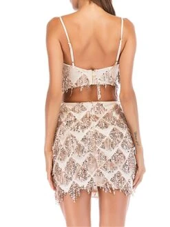 Women's Two Piece Dress Set Party Dress Skirt Set Party Cocktail Party Fashion Party Tassel Fringe Backless Mini Dress Strap Sleeveless Plain Slim Champagne Gold Spring Fall S M L XL -HAYz Clothing Shop edxqly1692935665810
