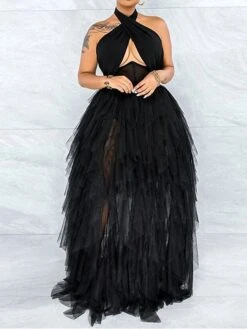 Women's Plus Size Curve Party Dress Swing Dress Halter Neck Dress Plain Long Dress Maxi Dress Sleeveless Mesh Backless Halter Neck Fashion Party Black Pink Fall Winter XL XXL 3XL 4XL 5XL -HAYz Clothing Shop eehydi1694151479171