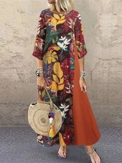 Women's Casual Dress Cotton Dress Black Dress Maxi Long Dress Cotton Blend Basic Modern Outdoor Daily Vacation Crew Neck Print Half Sleeve Summer Spring 2023 Loose Fit Black Yellow Red Flower M L XL -HAYz Clothing Shop eeirzr1683796338157
