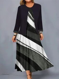 Women's Plus Size Curve Casual Dress Dress Set Two Piece Dress Geometric Color Block Midi Dress Long Sleeve Print Crew Neck Fashion Outdoor Blue Green Fall Winter L XL XXL 3XL 4XL -HAYz Clothing Shop eejmub1695362841051