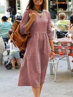 Women's Cotton Linen Dress Casual Dress Linen Dress Maxi Long Dress Cotton Basic Casual Daily Holiday Vacation Split Neck Ruched Half Sleeve Summer Spring 2023 Regular Fit Yellow Pink Red Pure Color -HAYz Clothing Shop efbuqi1654053545907