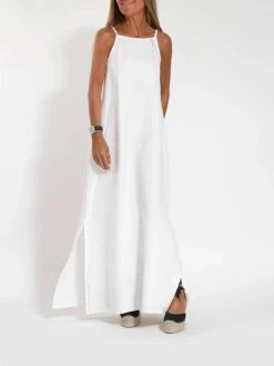Women's Casual Dress Cotton Linen Dress Strap Dress Maxi Long Dress Polyester Casual Boho / Bohemian Vacation Beach Square Neck Split Sleeveless Summer Spring 2023 Slim ArmyGreen Black White Plain S -HAYz Clothing Shop efdwri1687930426614