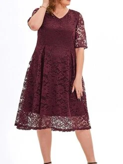 Women‘s Plus Size Curve Party Dress Lace Dress Cocktail Dress Midi Dress Black Pink Wine Half Sleeve Pure Color Lace Summer Spring Fall V Neck Fashion Birthday Wedding Guest Vacation 2023 -HAYz Clothing Shop efgvgk1691564496938