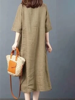 Women's Shirt Dress Casual Dress Cotton Dress Midi Dress Cotton Basic Classic Outdoor Daily Vacation Shirt Collar Button Pocket Half Sleeve Spring Fall Winter 2023 Loose Fit ArmyGreen Orange Plain S -HAYz Clothing Shop efgxmw1692695050827