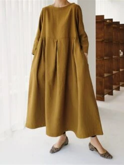 Women's Cotton Linen Dress Casual Dress Swing Dress Maxi Long Dress Cotton Blend Basic Classic Outdoor Daily Crew Neck Pocket Smocked Long Sleeve Summer Spring Fall 2023 Loose Fit Black Yellow Green -HAYz Clothing Shop efilwm1673850087636