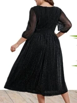 Women's Plus Size Curve Party Dress Black Dress A Line Dress Solid Color Midi Dress 3/4 Length Sleeve Ruched Patchwork V Neck Fashion Wedding Black Spring Fall XL XXL 3XL 4XL -HAYz Clothing Shop efjrqy1693533324776