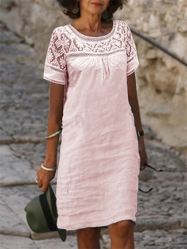 Women's Casual Dress Cotton Linen Dress Lace Dress Midi Dress Cotton Blend Basic Classic Outdoor Daily Crew Neck Lace Patchwork Short Sleeve Summer Spring 2023 Loose Fit Black White Pink Plain S M L 4 Women's Casual Dress Cotton Linen Dress Lace Dress Midi Dress Cotton Blend Basic Classic Outdoor Daily Crew Neck Lace Patchwork Short Sleeve Summer Spring 2023 Loose Fit Black White Pink Plain S M L - Image 4