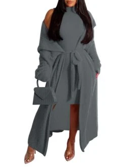 Women's Two Piece Dress Set Casual Dress Sheath Dress Daily Going Out Fashion Streetwear Lace Up Midi Dress Stand Collar Long Sleeve Plain Slim Black Yellow Wine Fall Winter S M L XL XXL -HAYz Clothing Shop efmhnf1693295546958