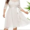 Women's Plus Size Curve Party Dress Lace Dress Sheath Dress Solid Color Midi Dress 3/4 Length Sleeve Lace Up Lace Crew Neck Fashion Wedding White Wine Spring Fall XL XXL 3XL 4XL 5XL