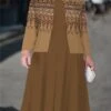 Women's Plus Size Curve Casual Dress Dress Set Two Piece Dress Geometric Color Block Midi Dress Long Sleeve Print Crew Neck Mature Outdoor Brown Fall Winter L XL XXL 3XL 4XL