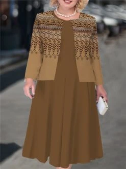 Women's Plus Size Curve Casual Dress Dress Set Two Piece Dress Geometric Color Block Midi Dress Long Sleeve Print Crew Neck Mature Outdoor Brown Fall Winter L XL XXL 3XL 4XL