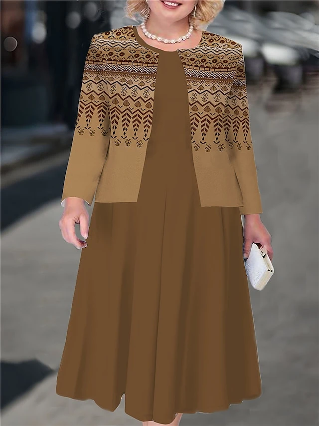 Women's Plus Size Curve Casual Dress Dress Set Two Piece Dress Geometric Color Block Midi Dress Long Sleeve Print Crew Neck Mature Outdoor Brown Fall Winter L XL XXL 3XL 4XL 1 Women's Plus Size Curve Casual Dress Dress Set Two Piece Dress Geometric Color Block Midi Dress Long Sleeve Print Crew Neck Mature Outdoor Brown Fall Winter L XL XXL 3XL 4XL