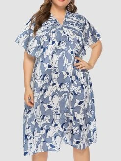 Women‘s Plus Size Curve Party Dress Shift Dress Semi Formal Dress Midi Dress Blue Short Sleeve Floral Ruffle Summer Spring Fall V Neck Fashion Wedding Guest Vacation Summer Dress 2023 -HAYz Clothing Shop efvwuc1691399474601